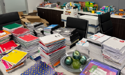 School supplies gathered in a Pioneer conference room